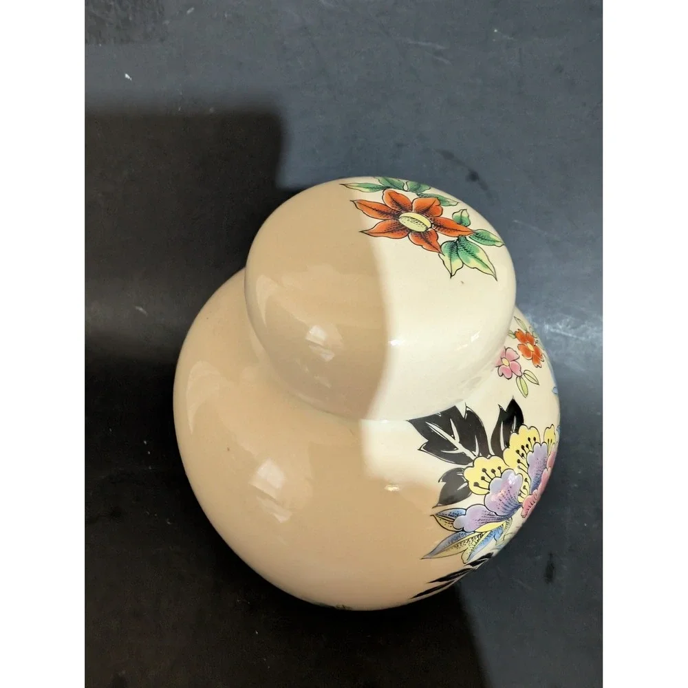 Shibata Japan Porcelain Ginger Jar Lidded Urn Floral Bird Cream Vintage 6 Inch